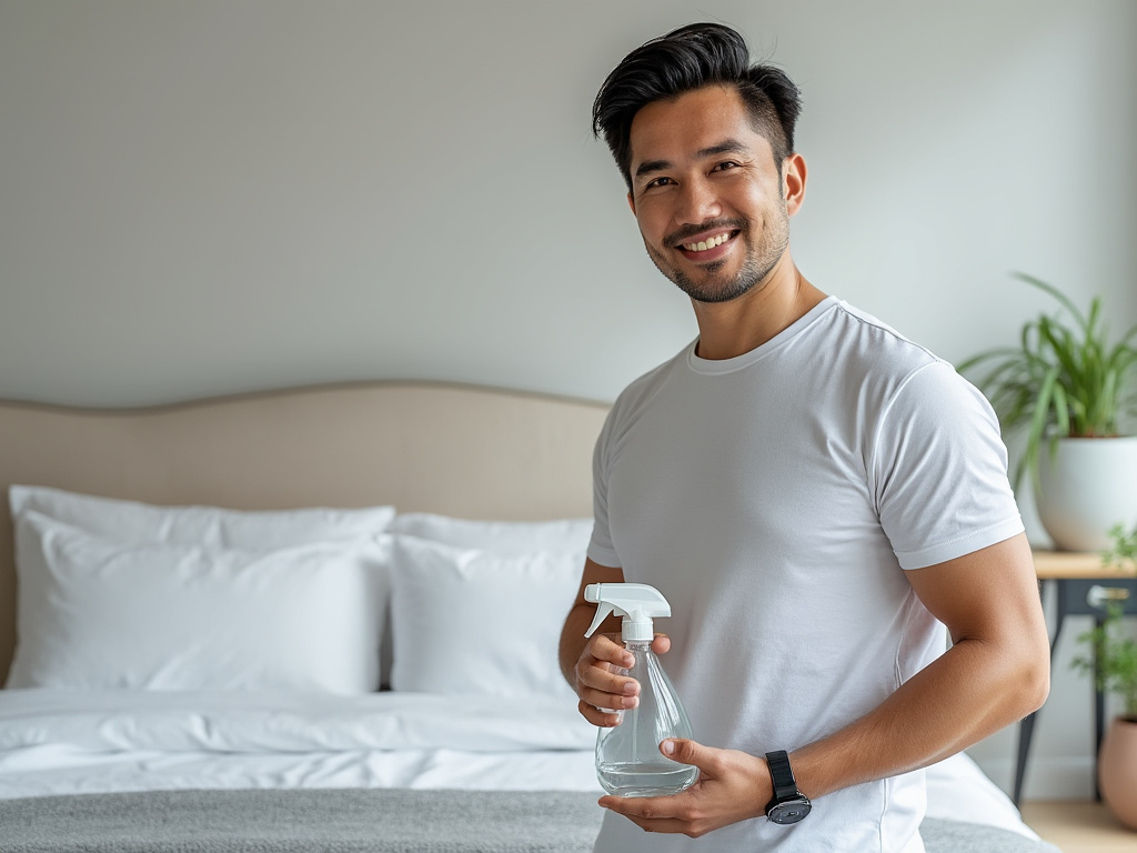 Thai man standing next to a bed, using a white spray bottle on the bed.