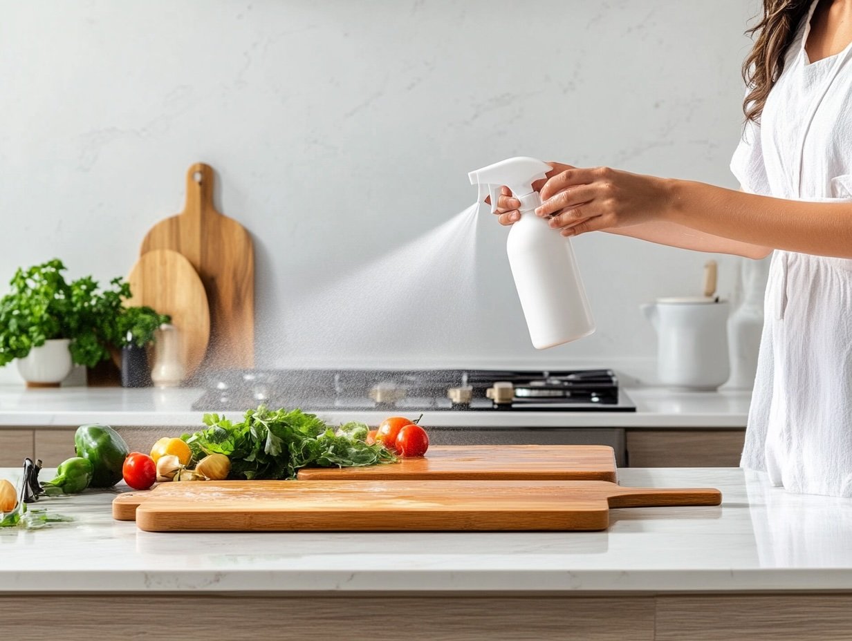 A Thai woman sanitising a kitchen.
