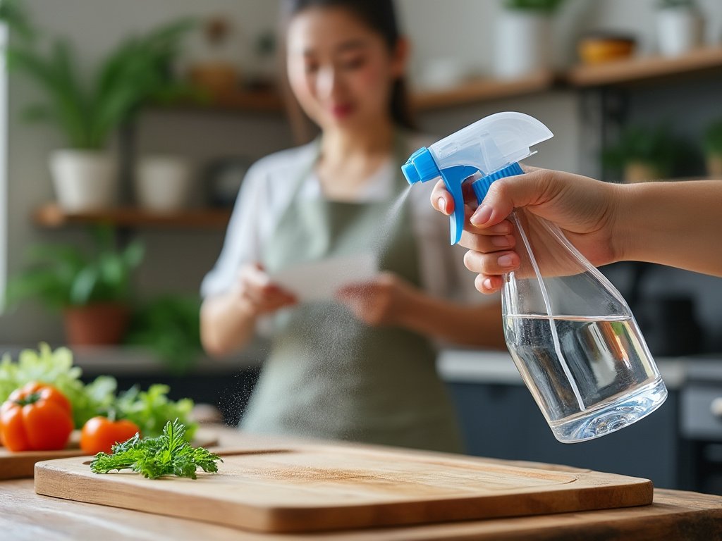 A Thai woman disinfecting a kitchen.