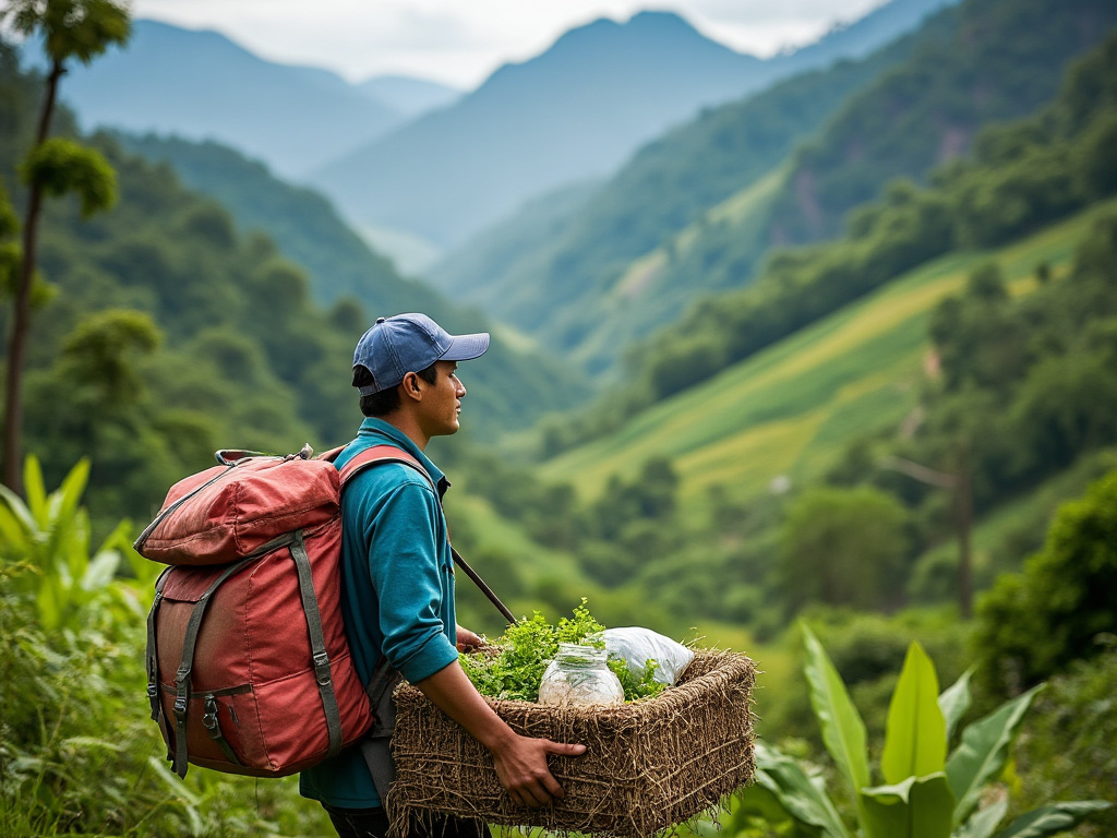 Delivery man with organic materials, Chiang Mai mountains, organic point of view