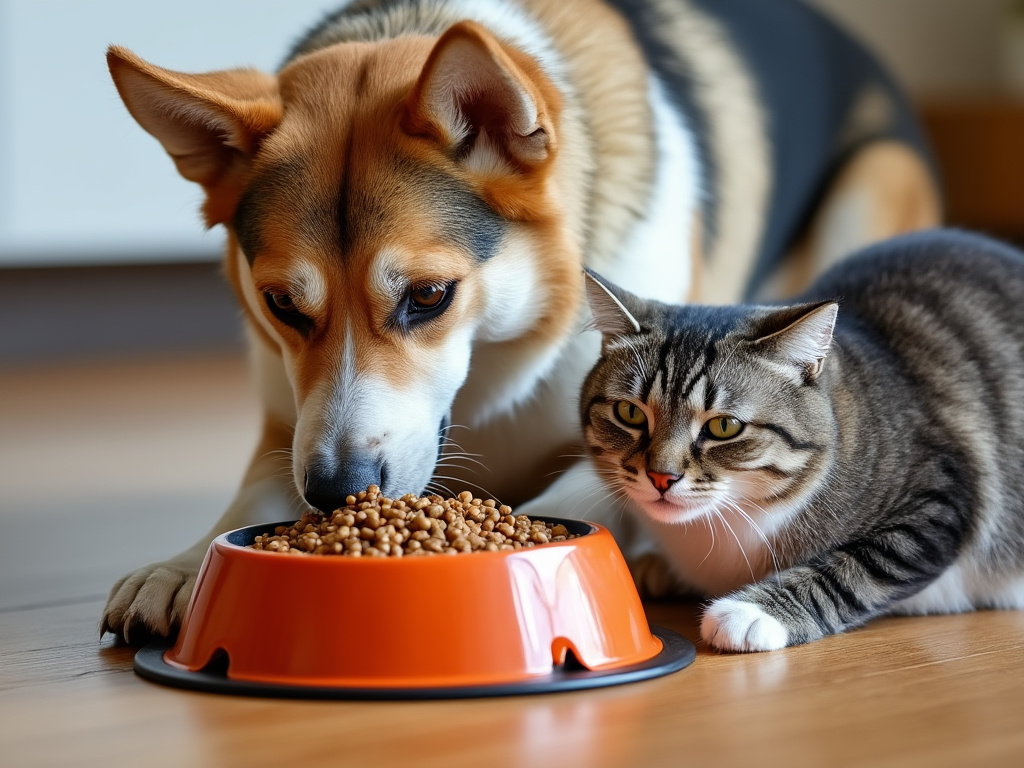 A dog and a cat eating from a sanitised bowl.