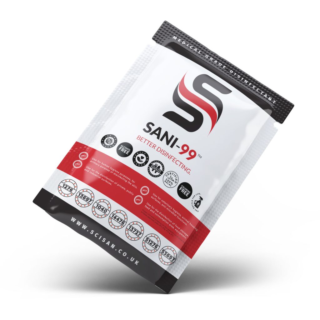 A sachet of Sani-99™ a revolutionary disinfectant that is sold in Thailand.