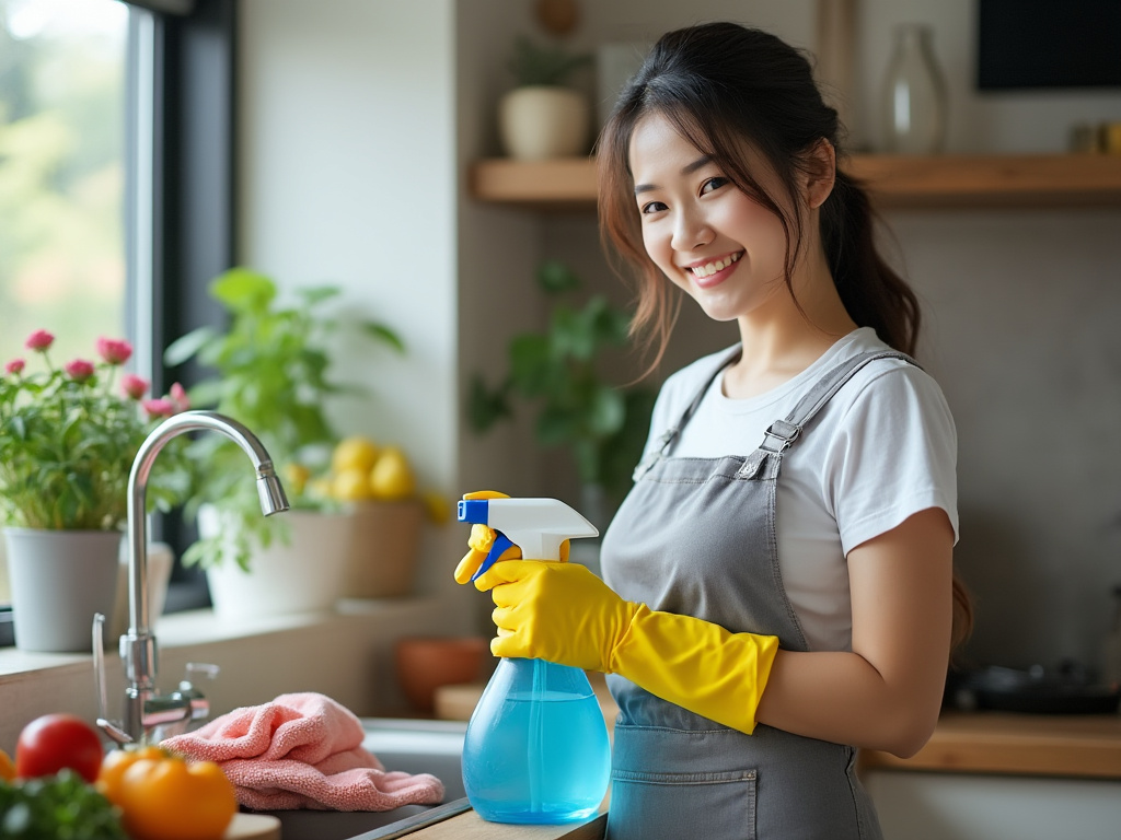 A Thai woman sanitising a kitchen.