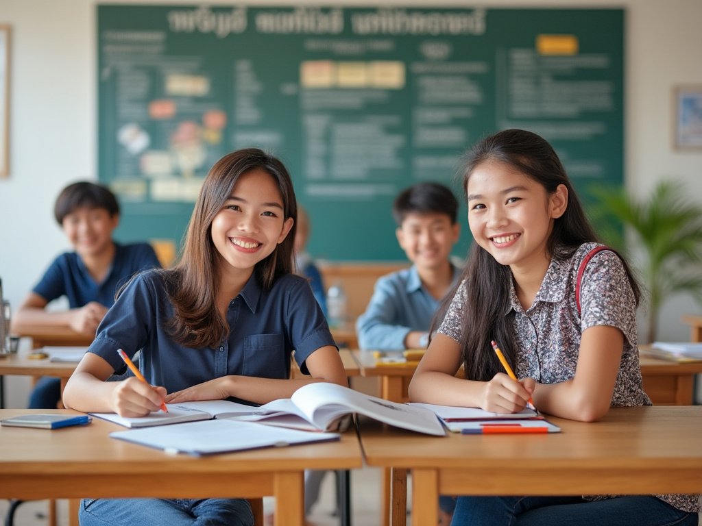 Students sitting in a sanitised school classroom.